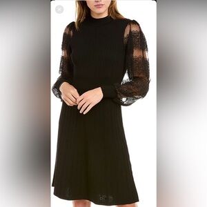 Nanette Lepore XL Fit/Flare Sweaterdress, Sheer Lace Sleeves, Black, NWT